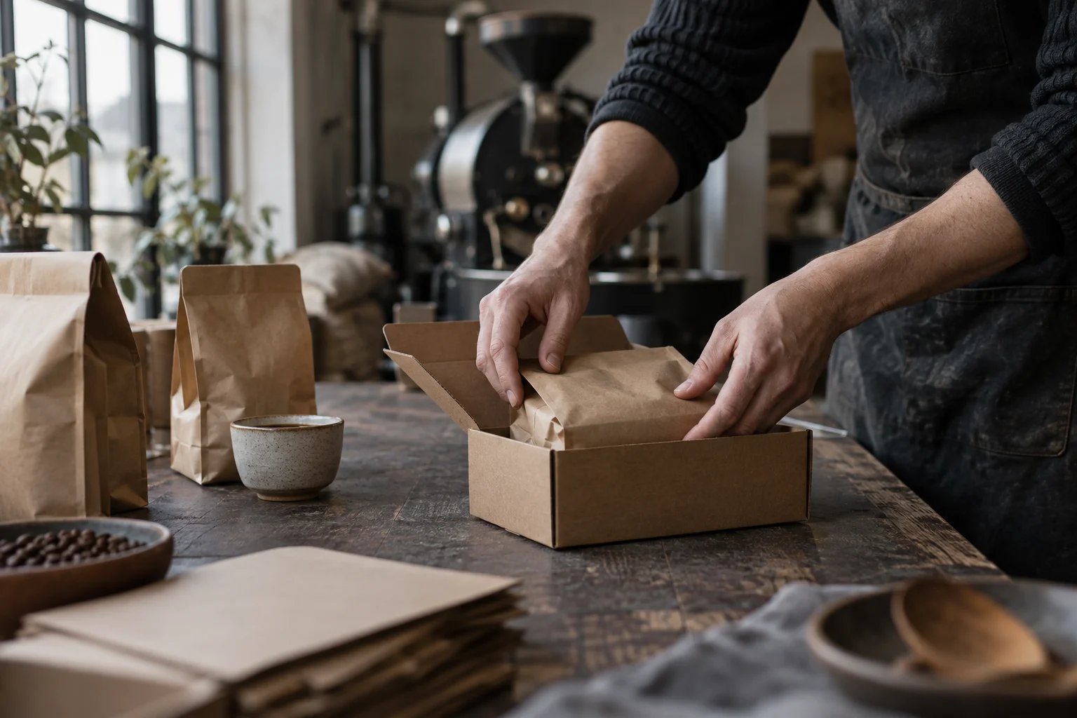 Ein Kaffeeabo-Paket wird am Arbeitstisch einer Rösterei vorbereitet